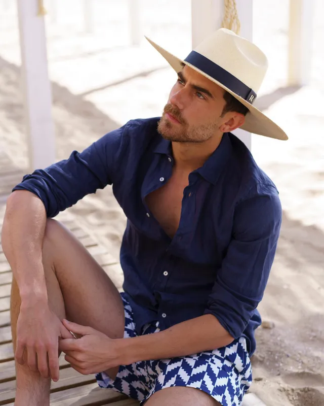 Panama Hat for Men with Navy Blue Leather Band - Elegant and Handcrafted