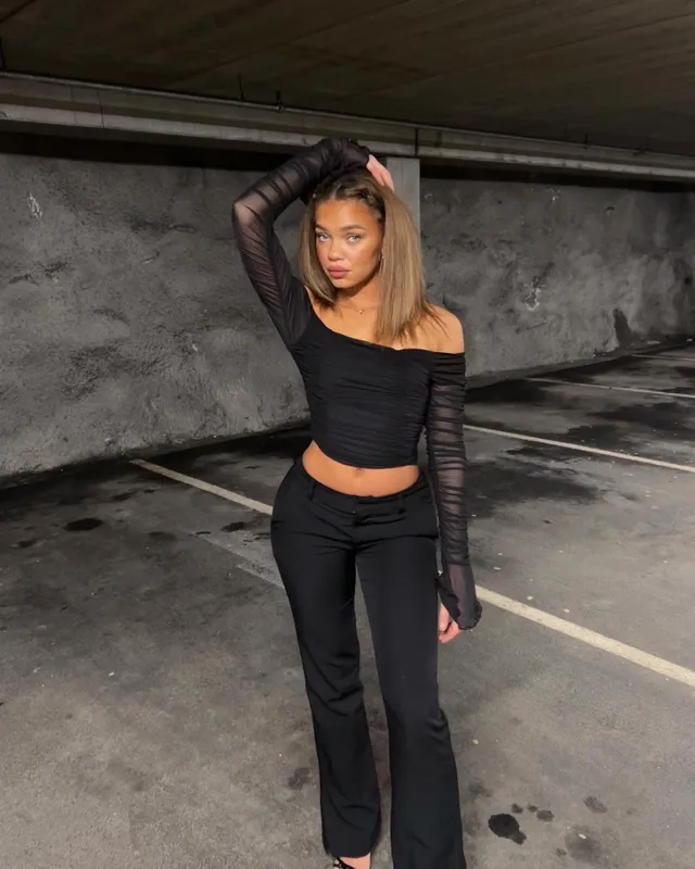 Black mesh off the shoulder top clearance