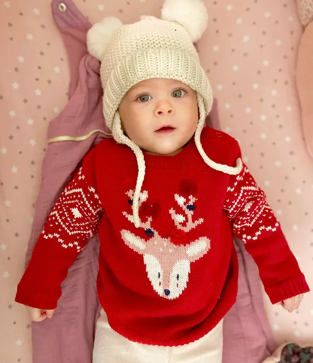 Pull De Noel Bebe Mixte Motif Renne Rouge Brique Vertbaudet