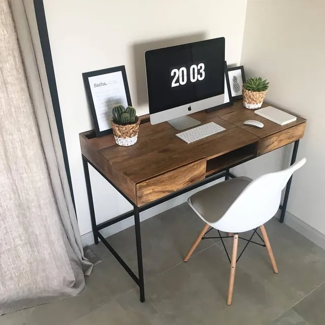 Bureau avec rangements 3 tiroirs industriel bois manguier massif et métal  noir L156 cm INDUSTRIA - Miliboo